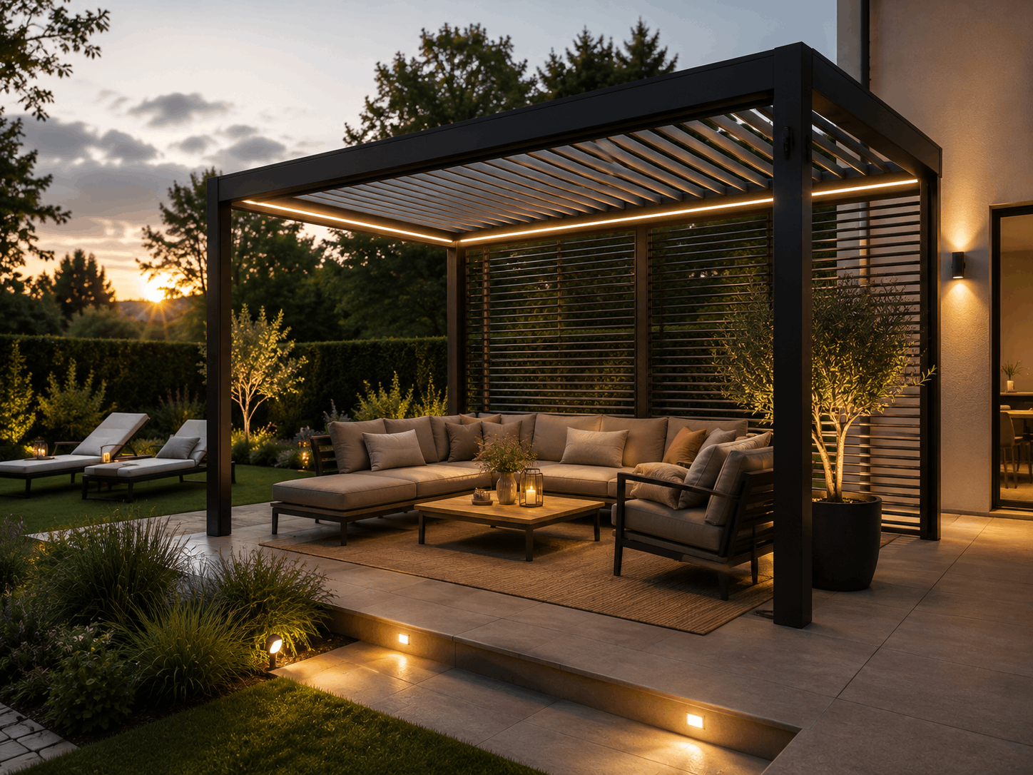 Bioklimatická pergola s otočnými lamelami nad moderní terasou